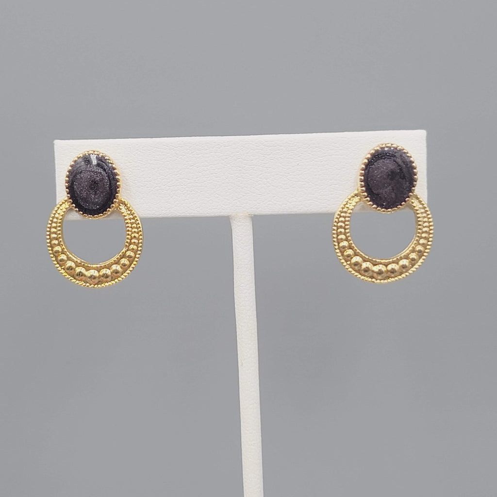 Gold tone Dark Gray Enamel Pierced Earrings Drop 1"