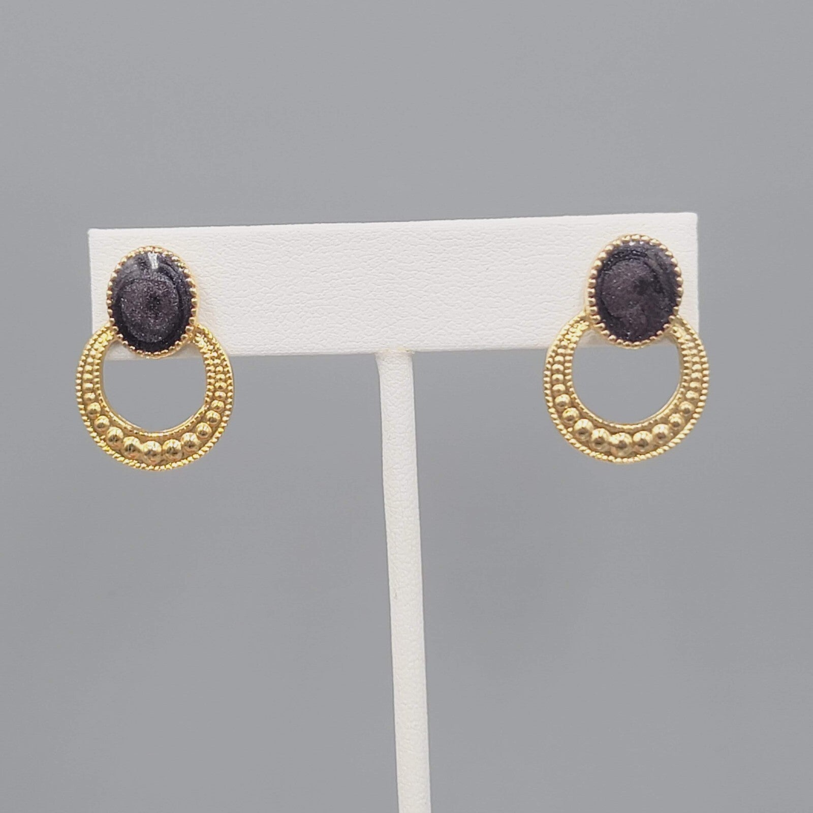 Gold tone Dark Gray Enamel Pierced Earrings Drop 1"