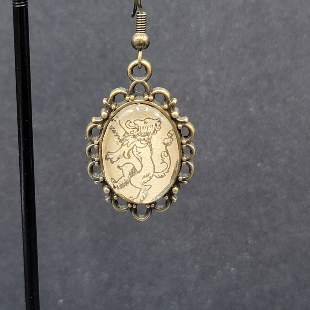 Lions Pierced Earrings Bronze tone Glass Cabochon Dangle 1.25"