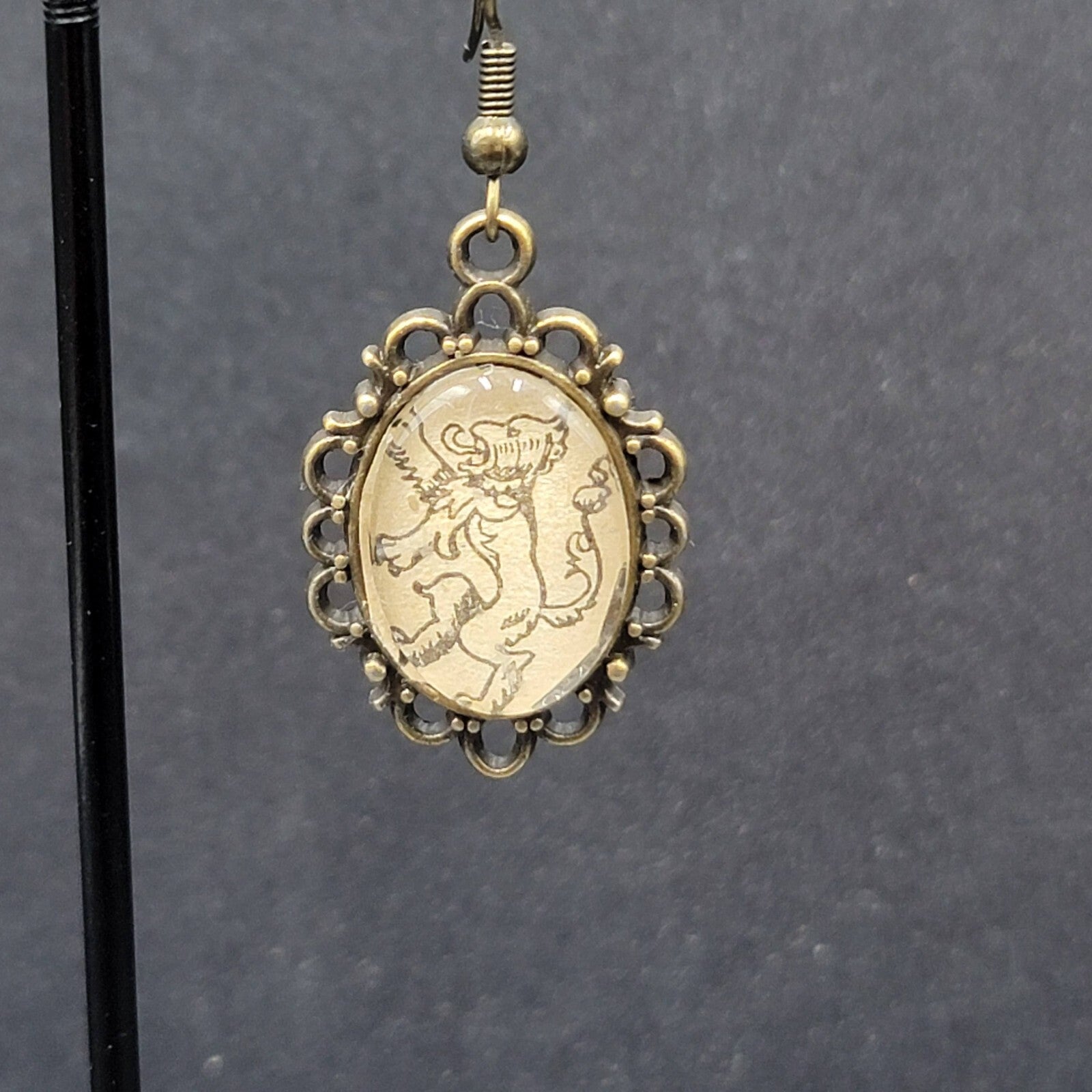 Lions Pierced Earrings Bronze tone Glass Cabochon Dangle 1.25"
