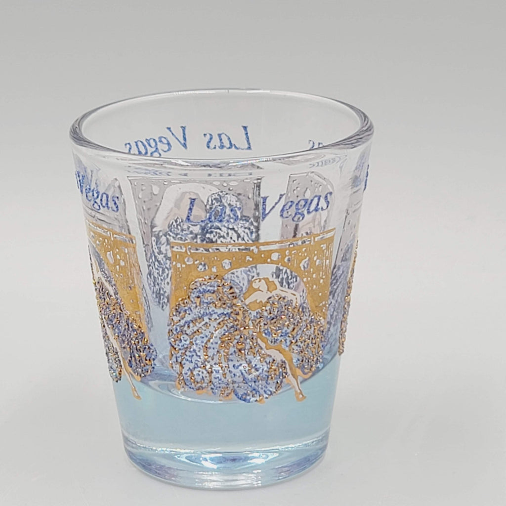 Vintage Las Vegas Casino Shot Glass Blue Gold Embossed Clear Glass Souvenir