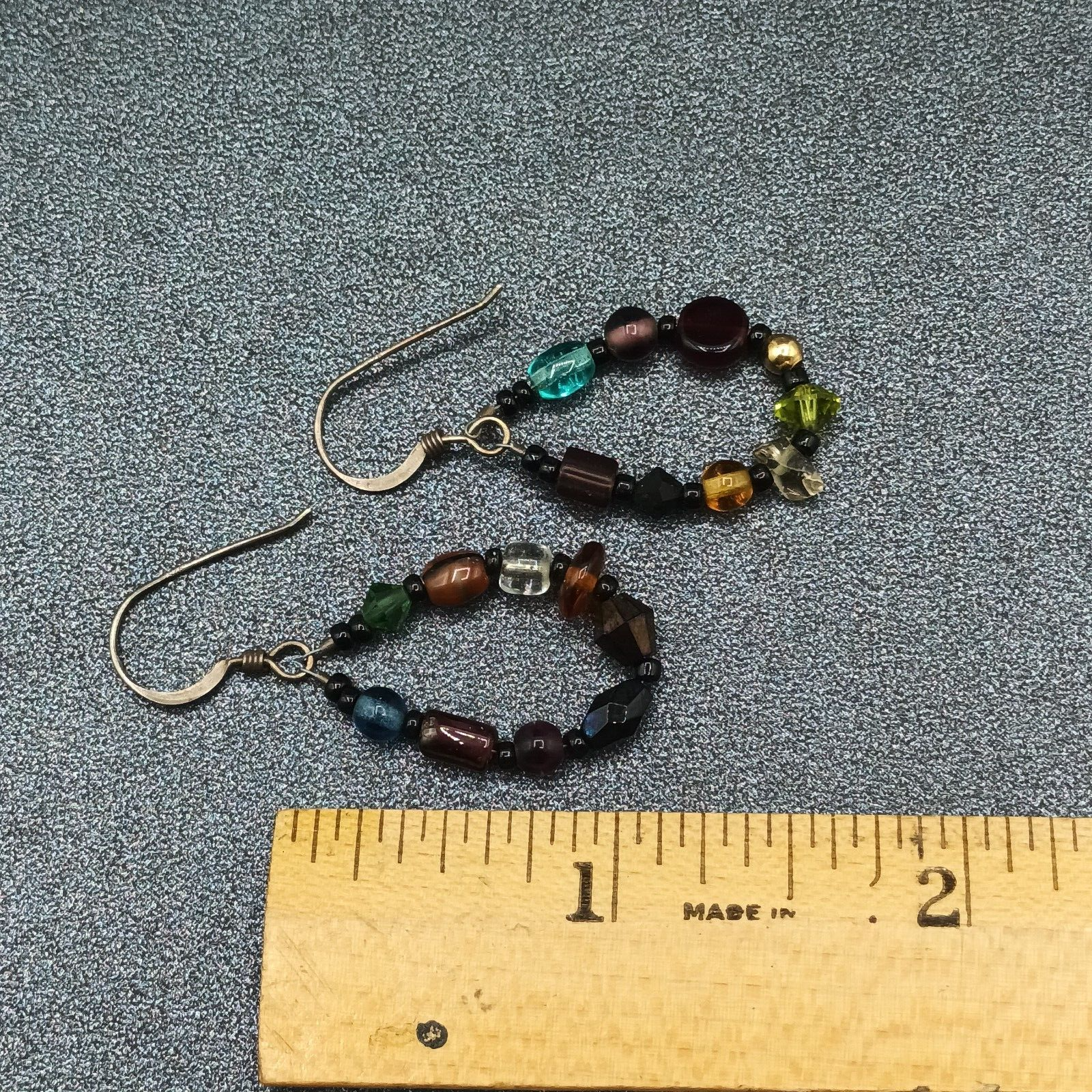 Pierced Earrings Silver tone End of Day Beads Multicolor Loop Dangle 1 1/8"
