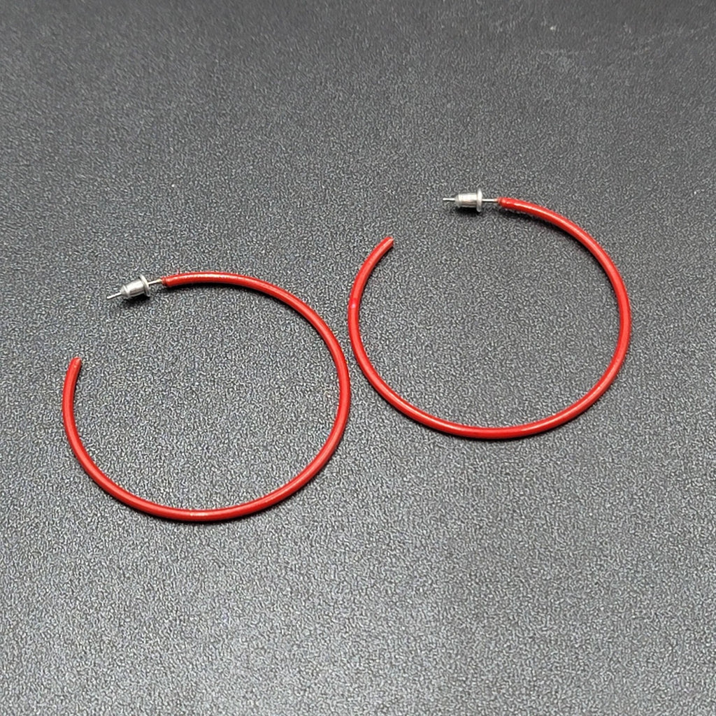 Pierced Earrings Red Enamel over Metal Large Skinny Hoops 2"