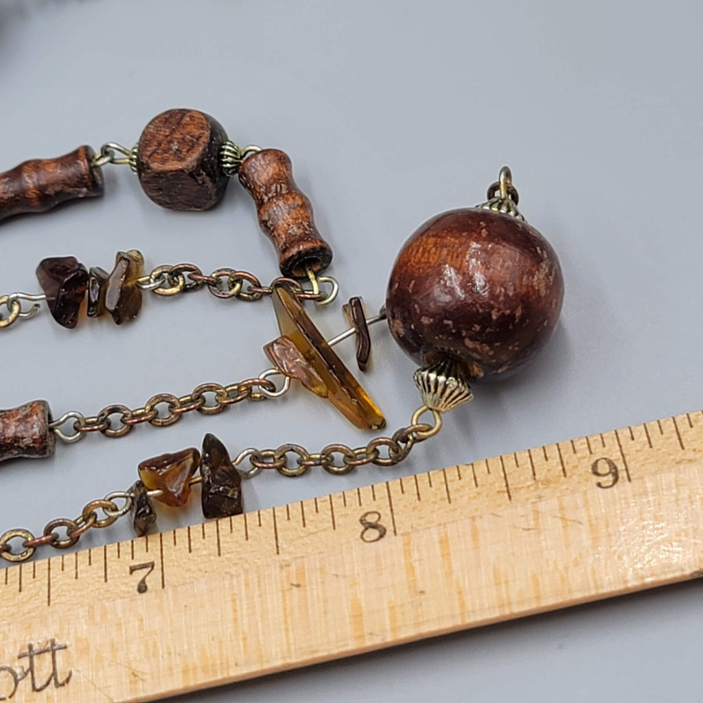 Vintage Wood Bead Necklace Amber Chip Extra Long 72"