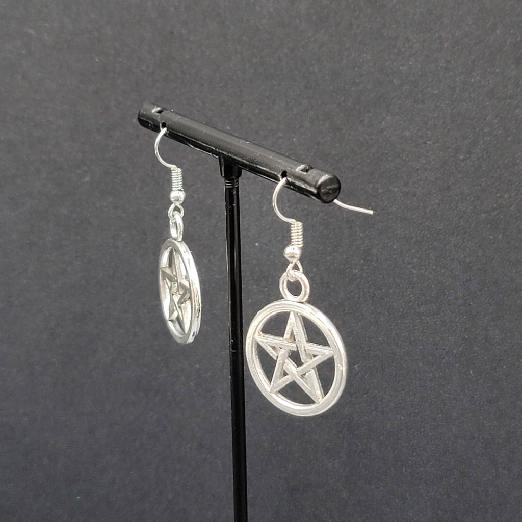 New Pentagram Circle Pierced Earrings Smooth Silver tone Dangle 1"