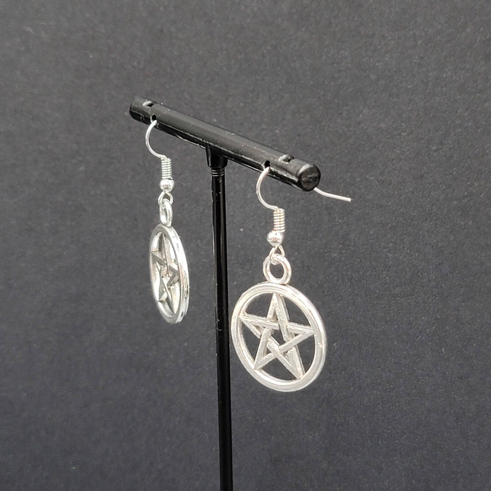 New Pentagram Circle Pierced Earrings Smooth Silver tone Dangle 1"