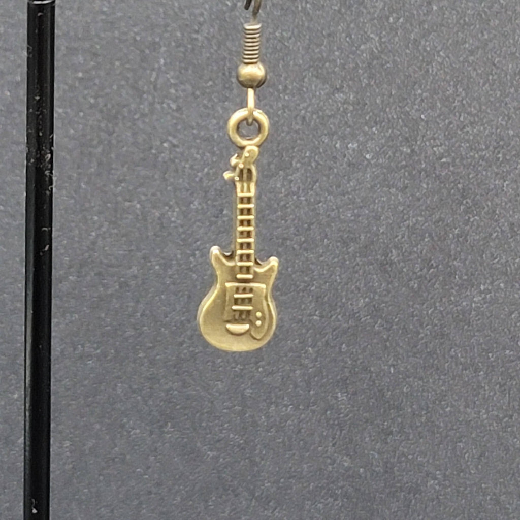 Electric Guitar Pierced Earrings Bronze tone Embossed Dangle 1"
