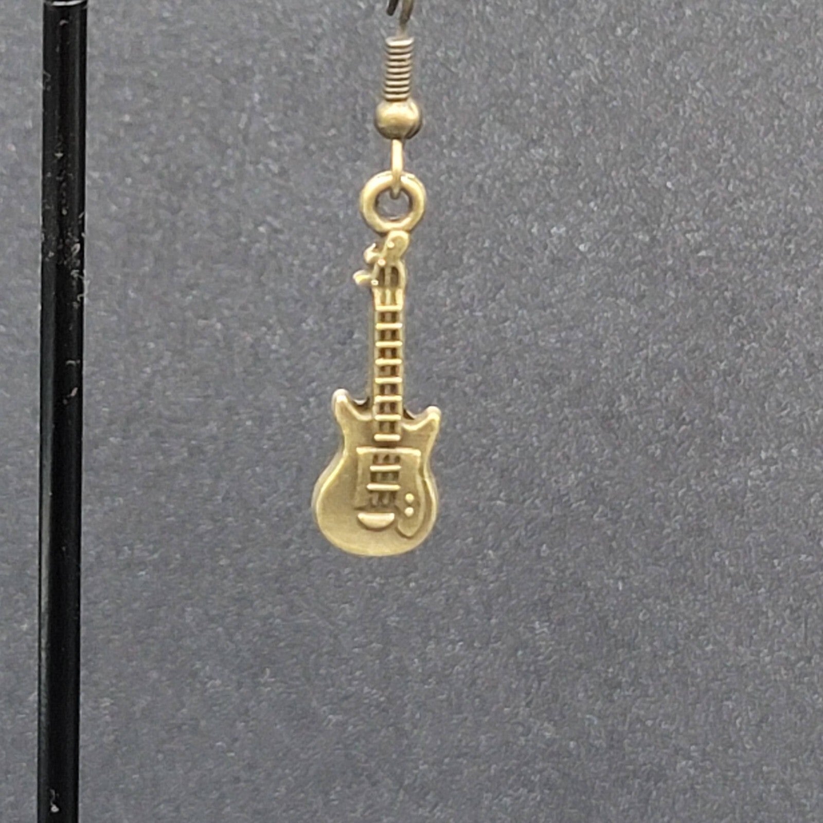 Electric Guitar Pierced Earrings Bronze tone Embossed Dangle 1"