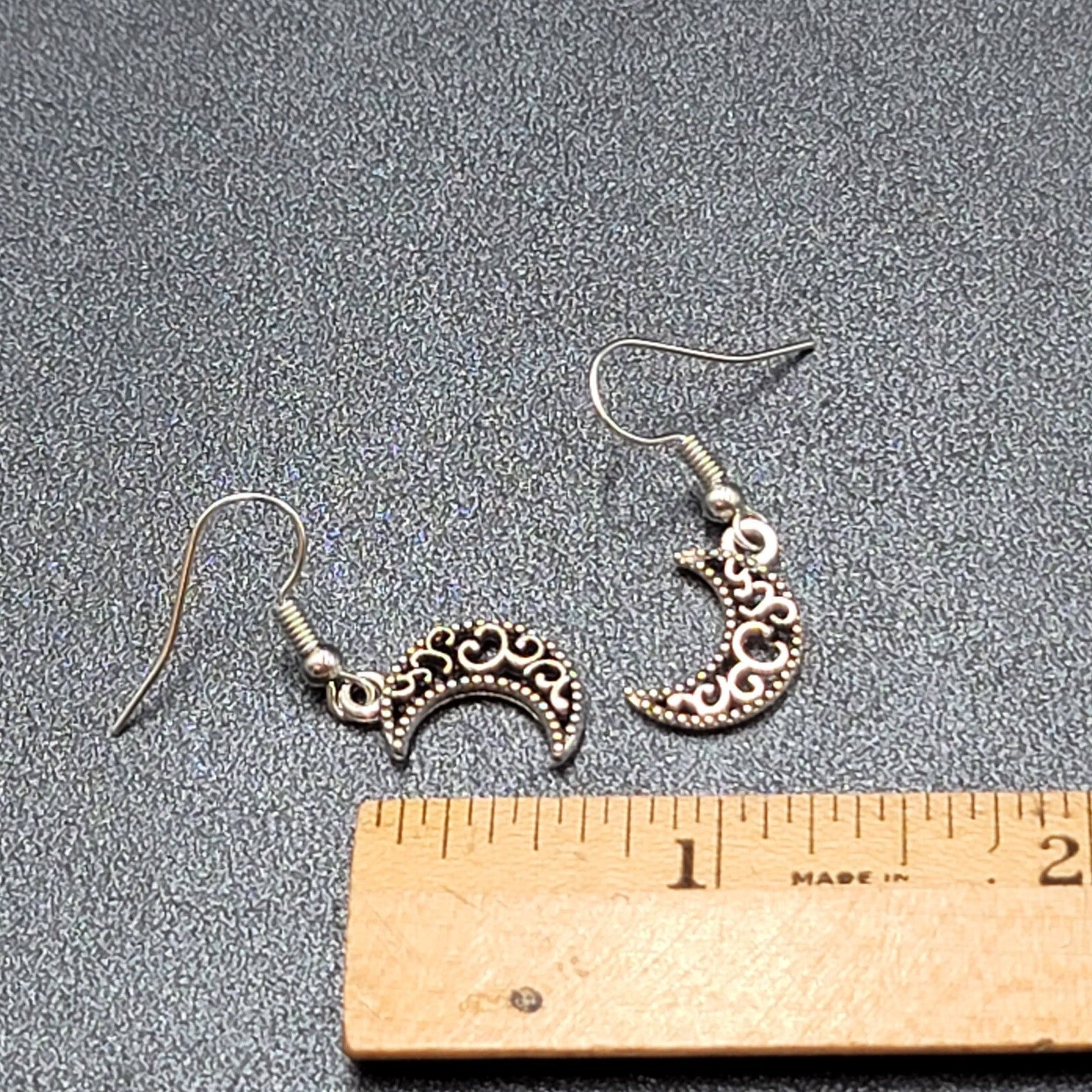 New MOON Pierced Earrings Silver tone Open Work Metal Dangle 5/8"