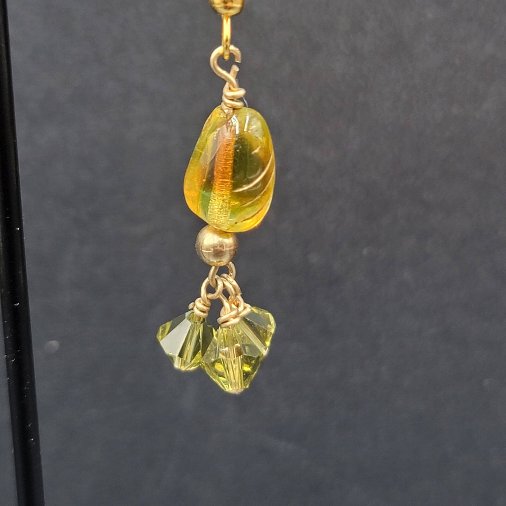 Pierced Earrings Gold tone Art Glass and Green Crystal Beads 1.25"