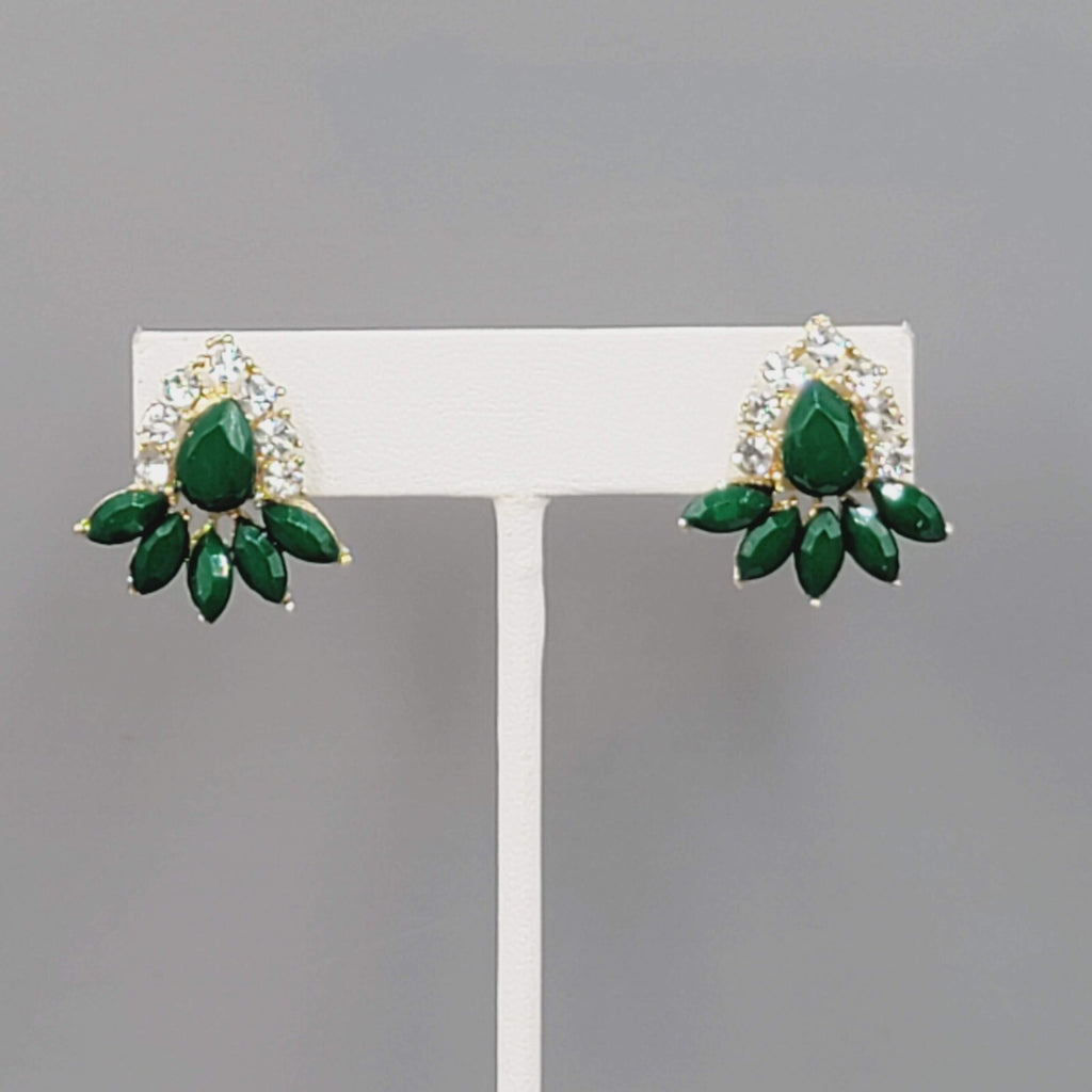Pierced Earrings Gold tone Green Accent Statement Drop 1"