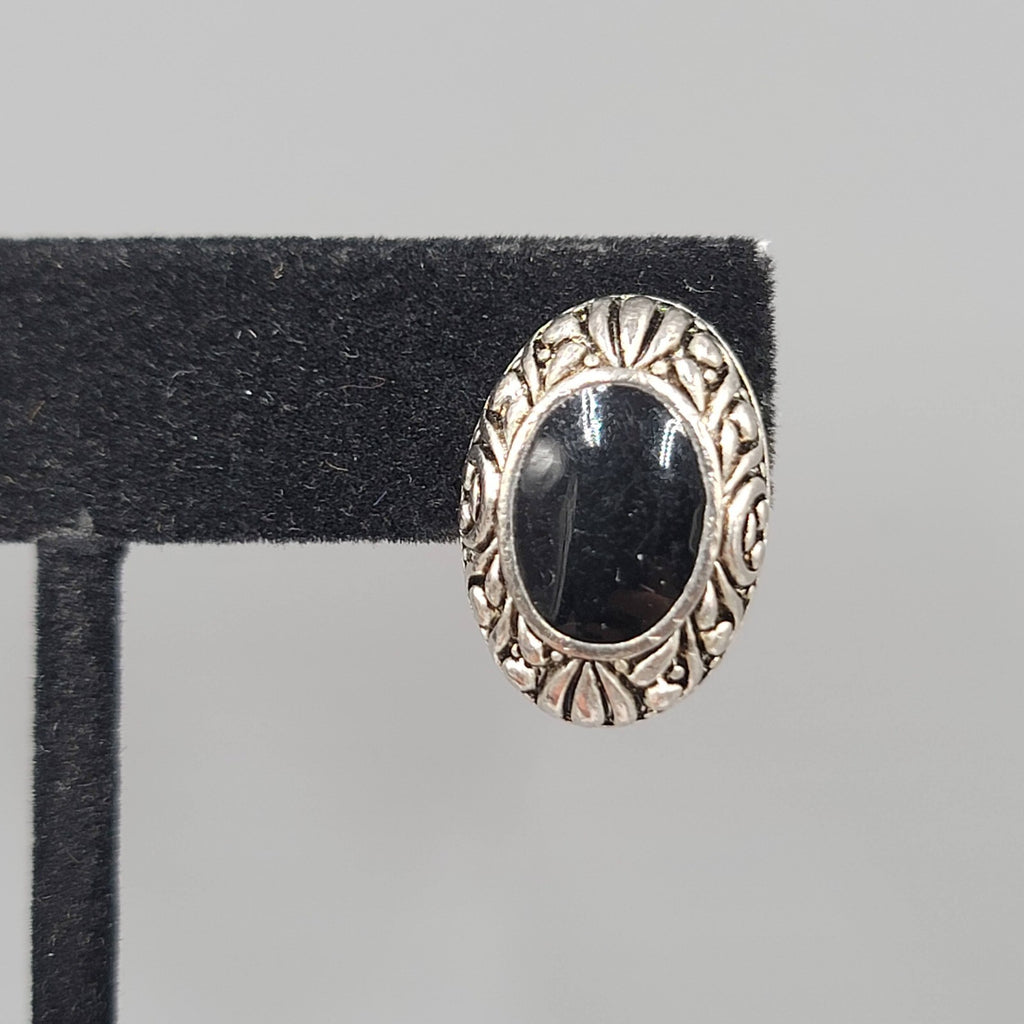 Pierced Earrings Silver tone Embossed Black Enamel Oval Drop 3/4"