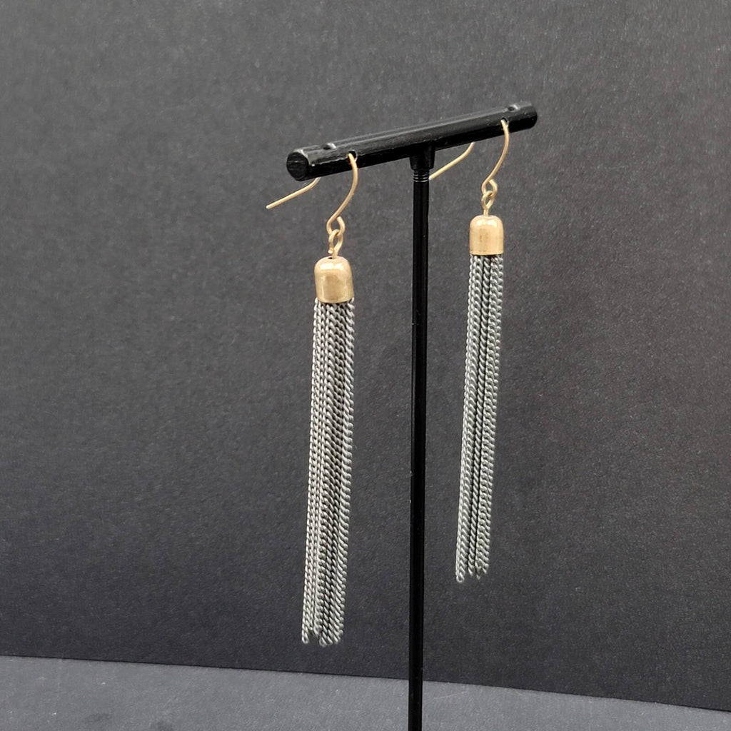 Pierced Earrings Gold tone Gray Multi Dangle Chains 2.75"