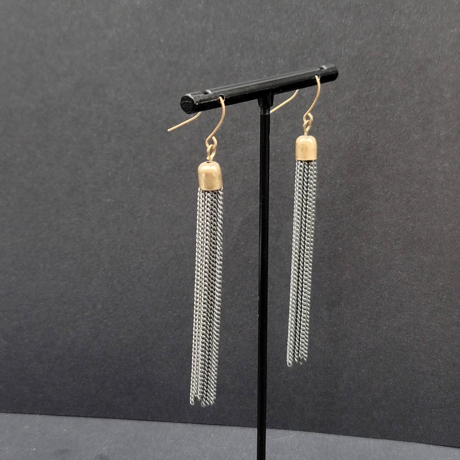 Pierced Earrings Gold tone Gray Multi Dangle Chains 2.75"