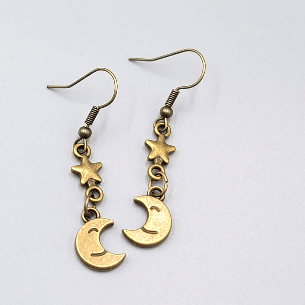 New Crescent Smiling Moon Star Pierced Earrings Bronze tone Dangle 1.25"