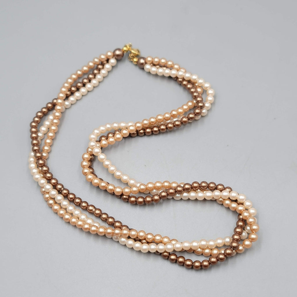 Vintage Small Bead Twist Necklace Cream Brown White Estate Costume Jewelry 16"