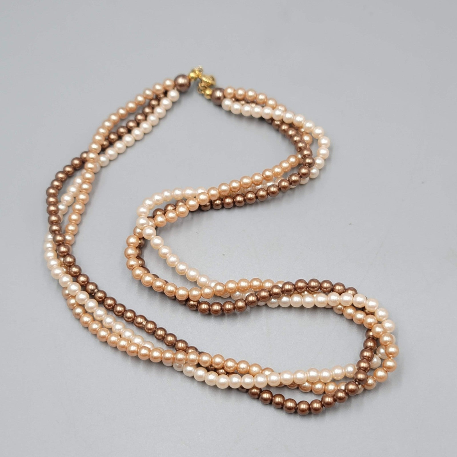 Vintage Small Bead Twist Necklace Cream Brown White Estate Costume Jewelry 16"