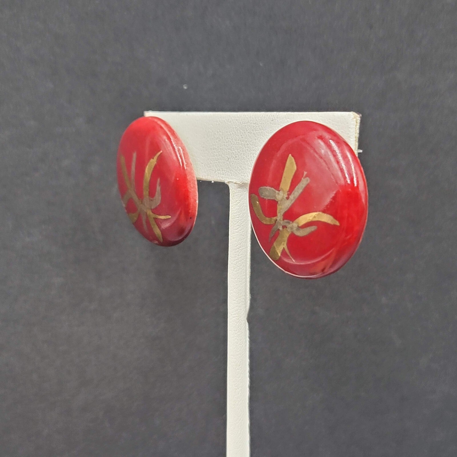 Vintage Pierced Earrings Red Hand Painted Round Pottery Drop  1"