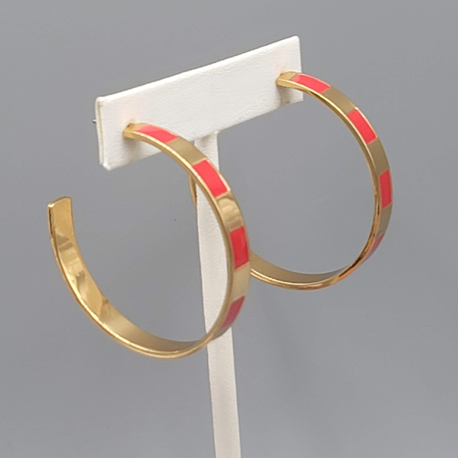 J Crew Hoop Pierced Earrings Red Enamel Gold tone 1.75"
