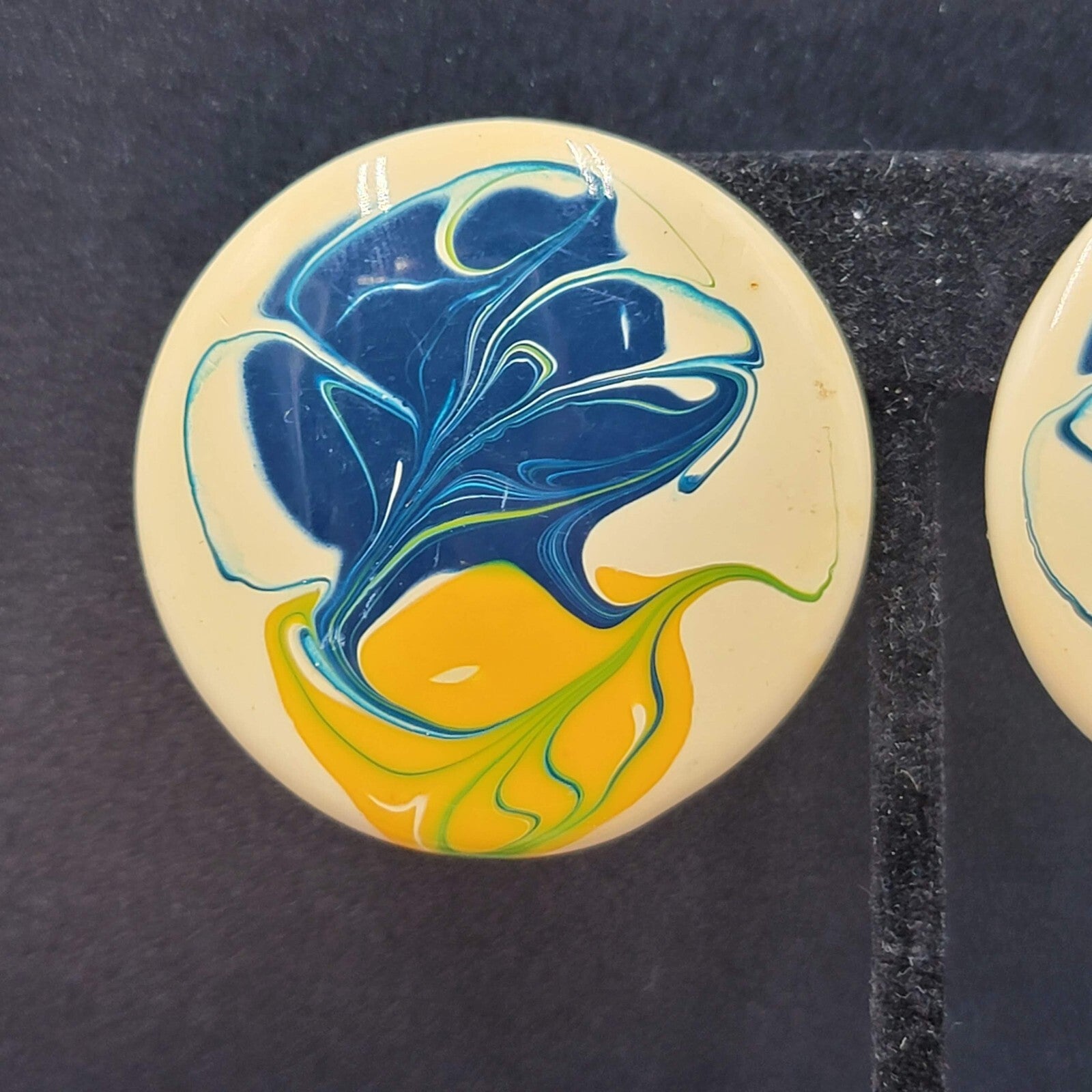 Vintage Pierced Earrings Large Round Yellow Blue Cream Enamel 1.75"