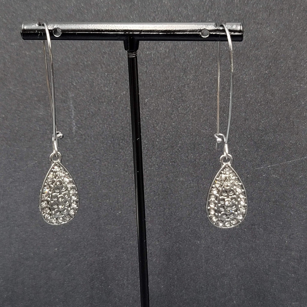 Pierced Earrings Gun Metal Gray Rhinestone Teardrop Sparkly! 2.25"