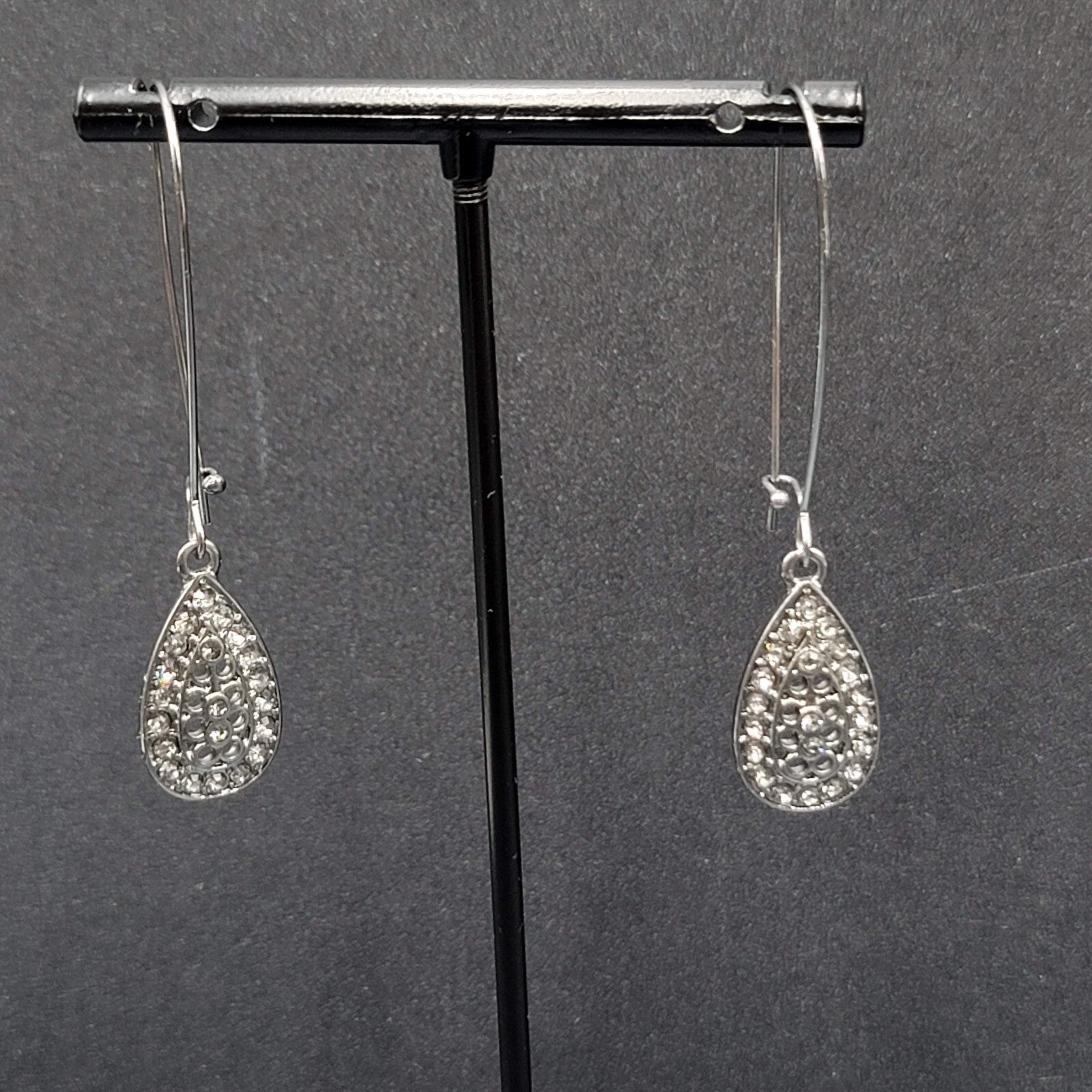 Pierced Earrings Gun Metal Gray Rhinestone Teardrop Sparkly! 2.25"