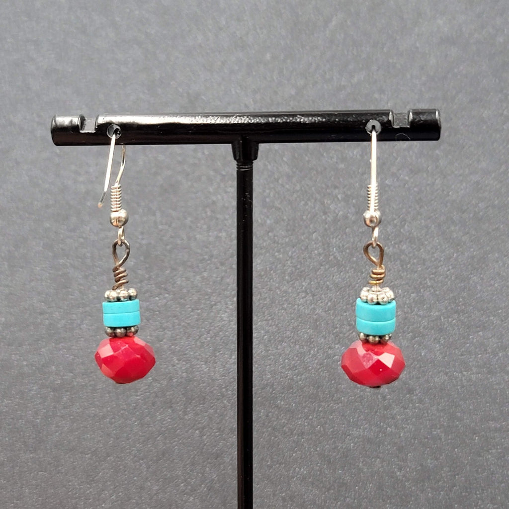 Pierced Earrings Silver tone Red Stone Turquoise Stone Beads Dangle  7/8"