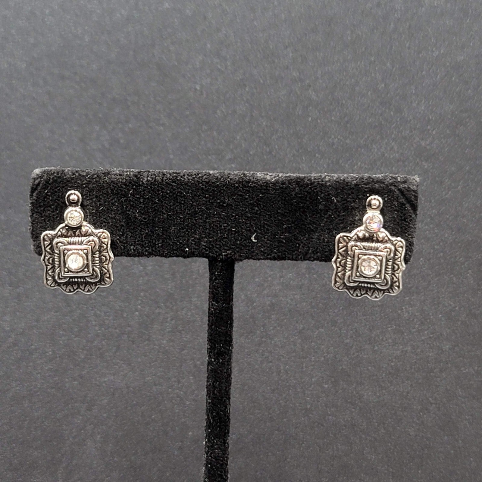 Pierced Earrings Silver tone Black Embossed Crystal Studs So Pretty! 5/8"