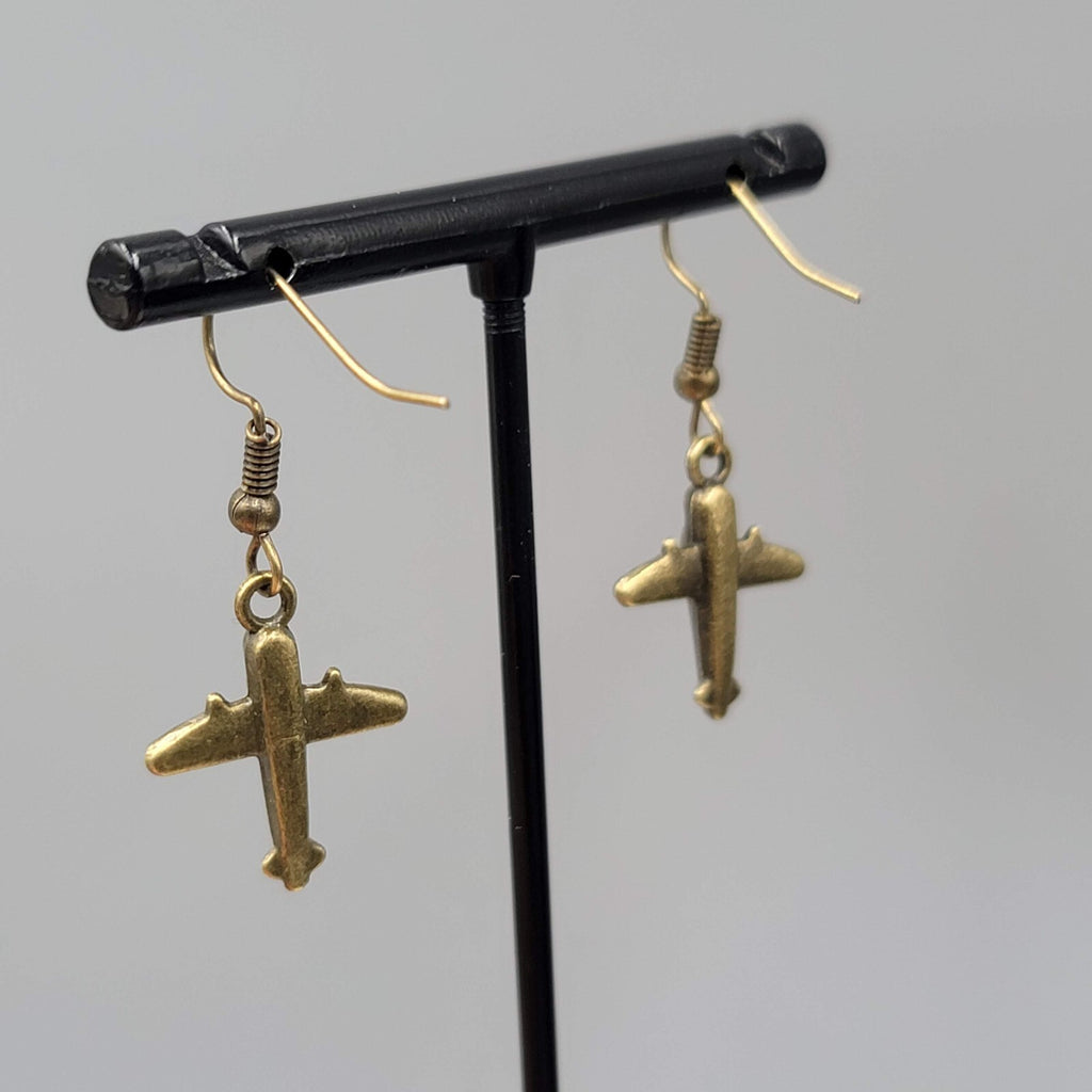 Airplane Pierced Earrings Bronze tone Dangle NEW 3/4"