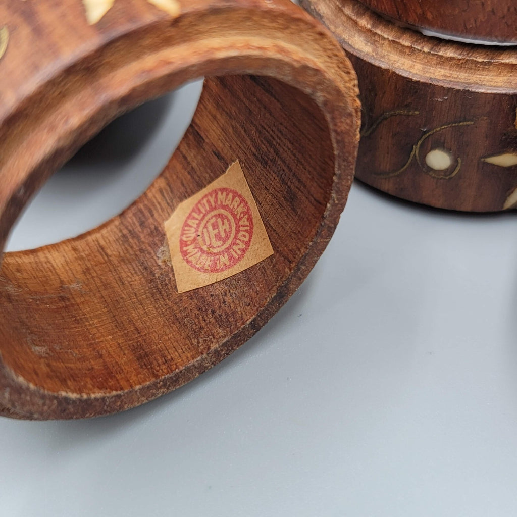 VINTAGE SET 6 VINTAGE MADE IN INDIA WOOD BRASS INLAY FLOWER NAPKIN RING