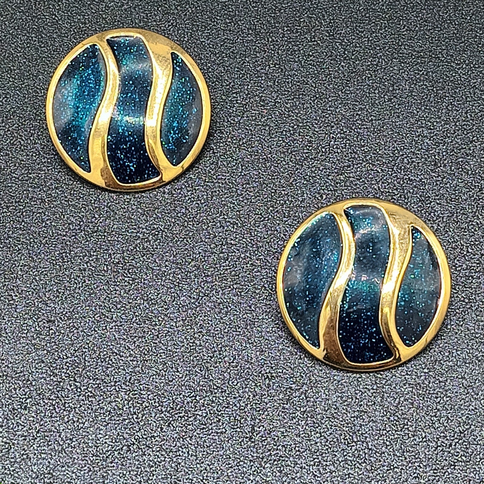 Vintage Pierced Earrings Polished Gold tone Blue Glitter Enamel Drop 1 1/8"