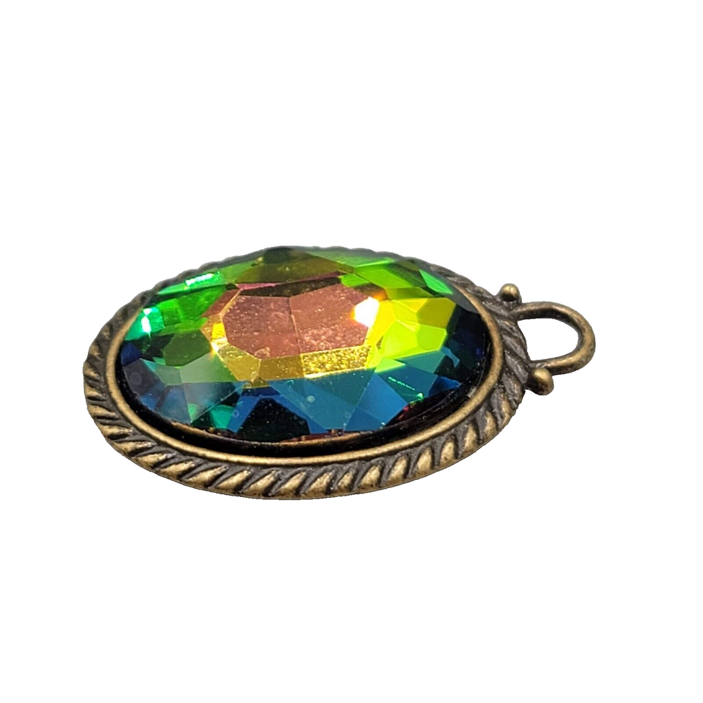 Rainbow Faceted Glass Pendant Bronze tone  1.5"