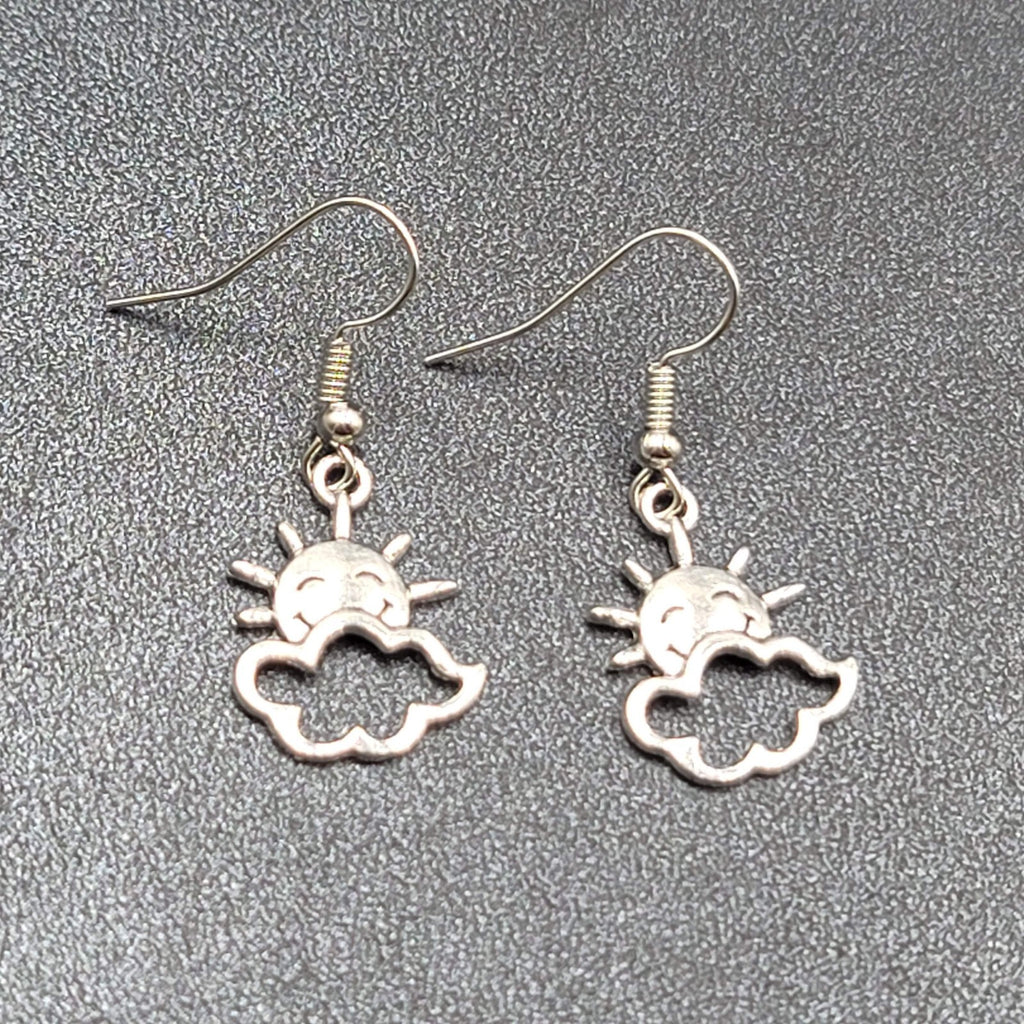 New Happy Sun Clouds Pierced Earrings Silver tone Dangle 3/4"