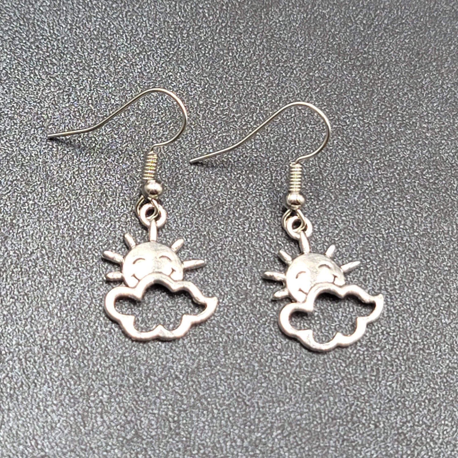 New Happy Sun Clouds Pierced Earrings Silver tone Dangle 3/4"