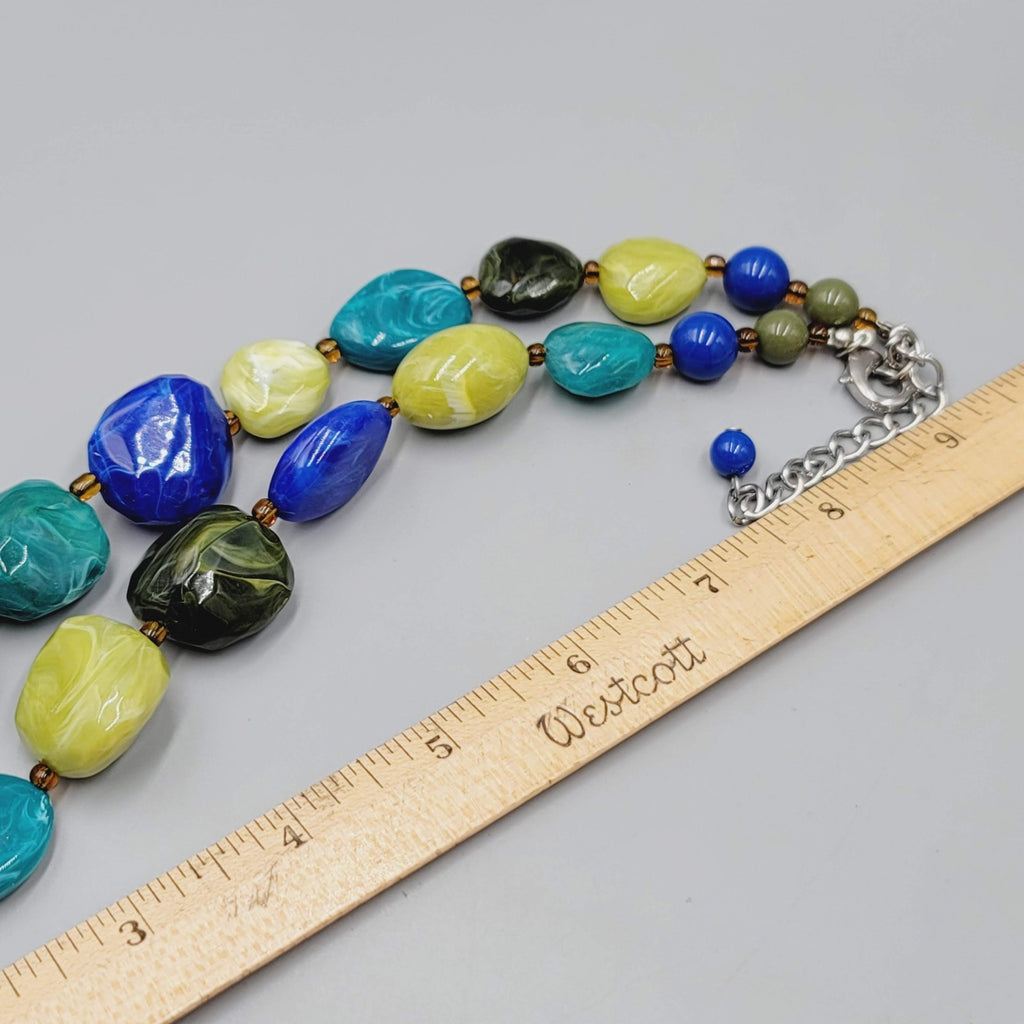 Chunky Bead Necklace Blue Green Acrylic Fun Funky 20"-22"