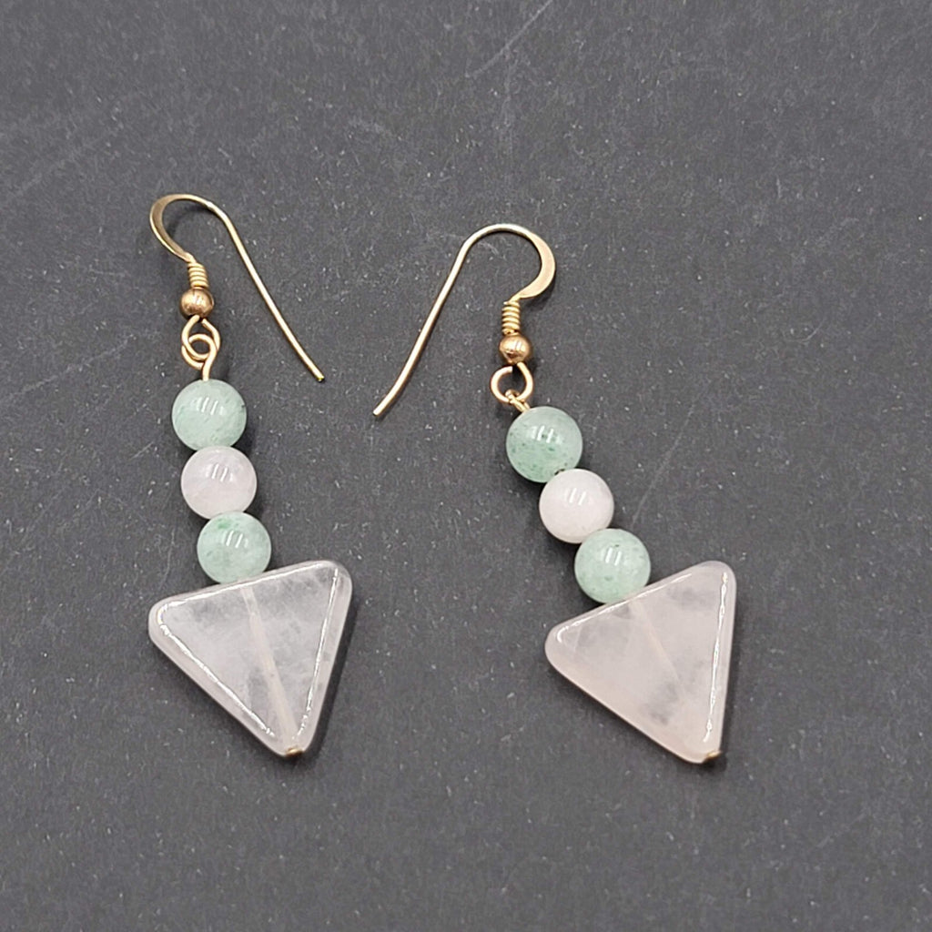 Pink Green Quartz Bead Pierced Earrings Gold tone Dangle 1.5"