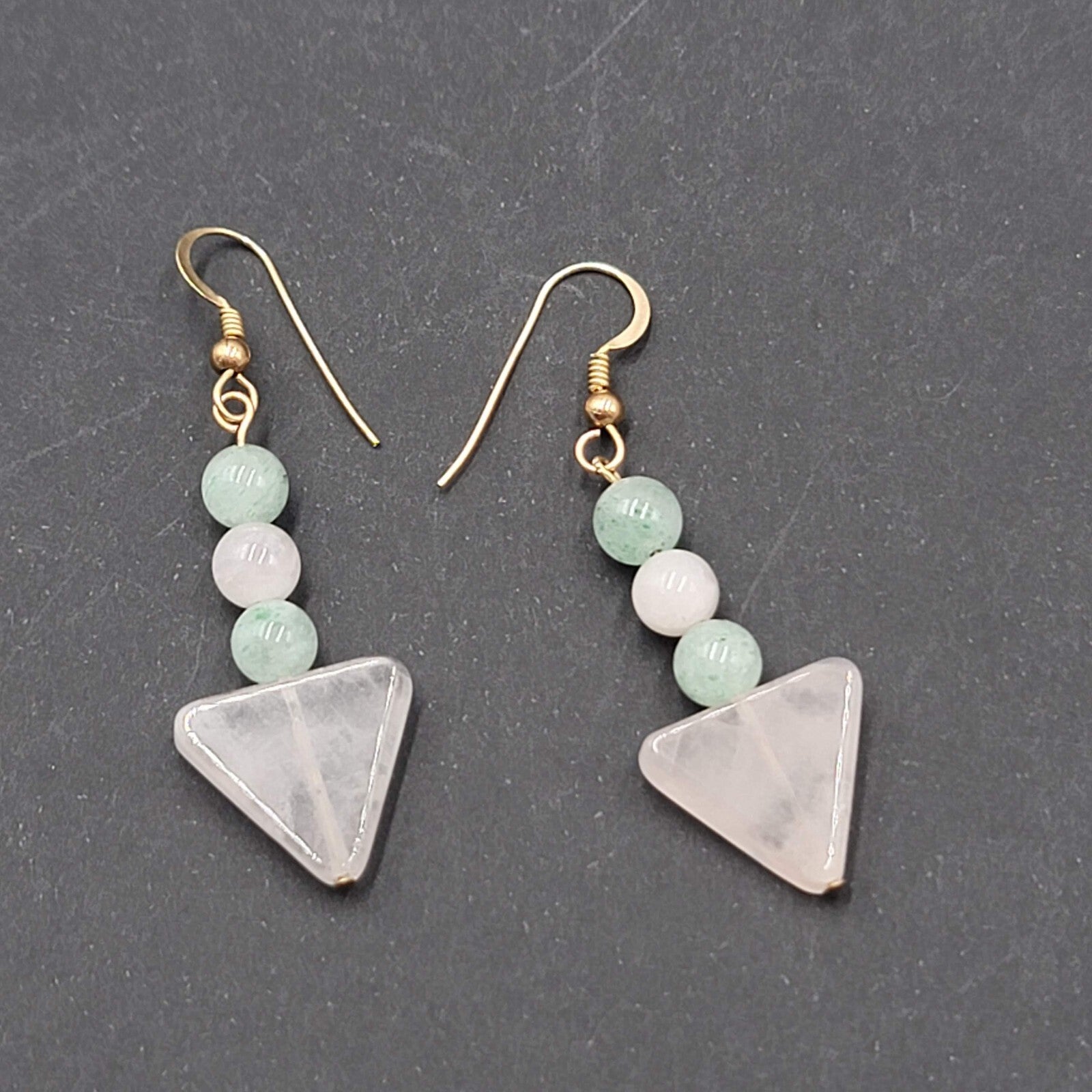 Pink Green Quartz Bead Pierced Earrings Gold tone Dangle 1.5"