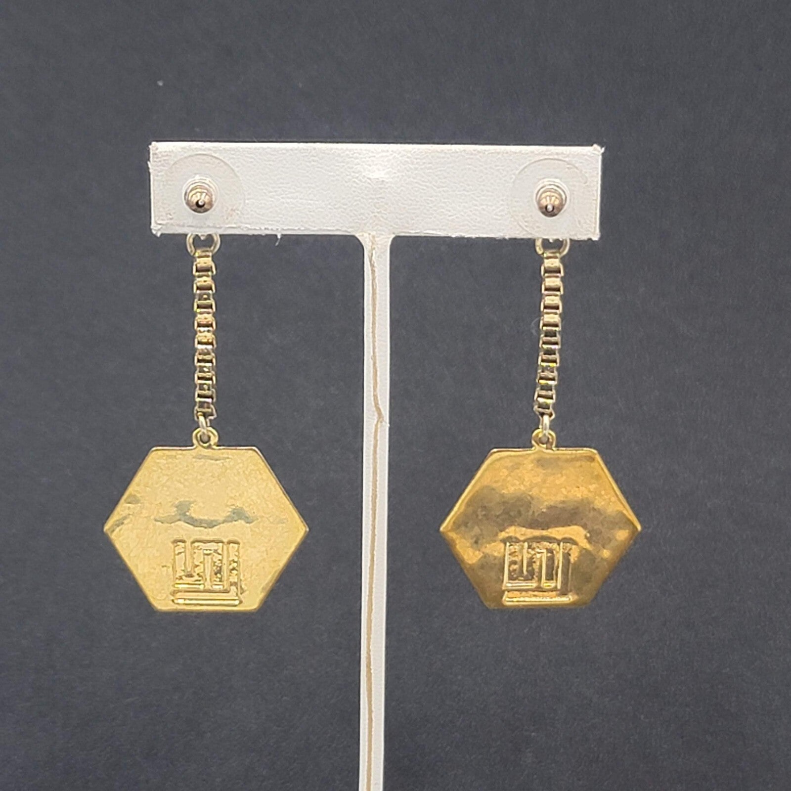 Pierced Earrings Gold Plated Rhinestone Studded Hexagon Dangle Chain Signed 