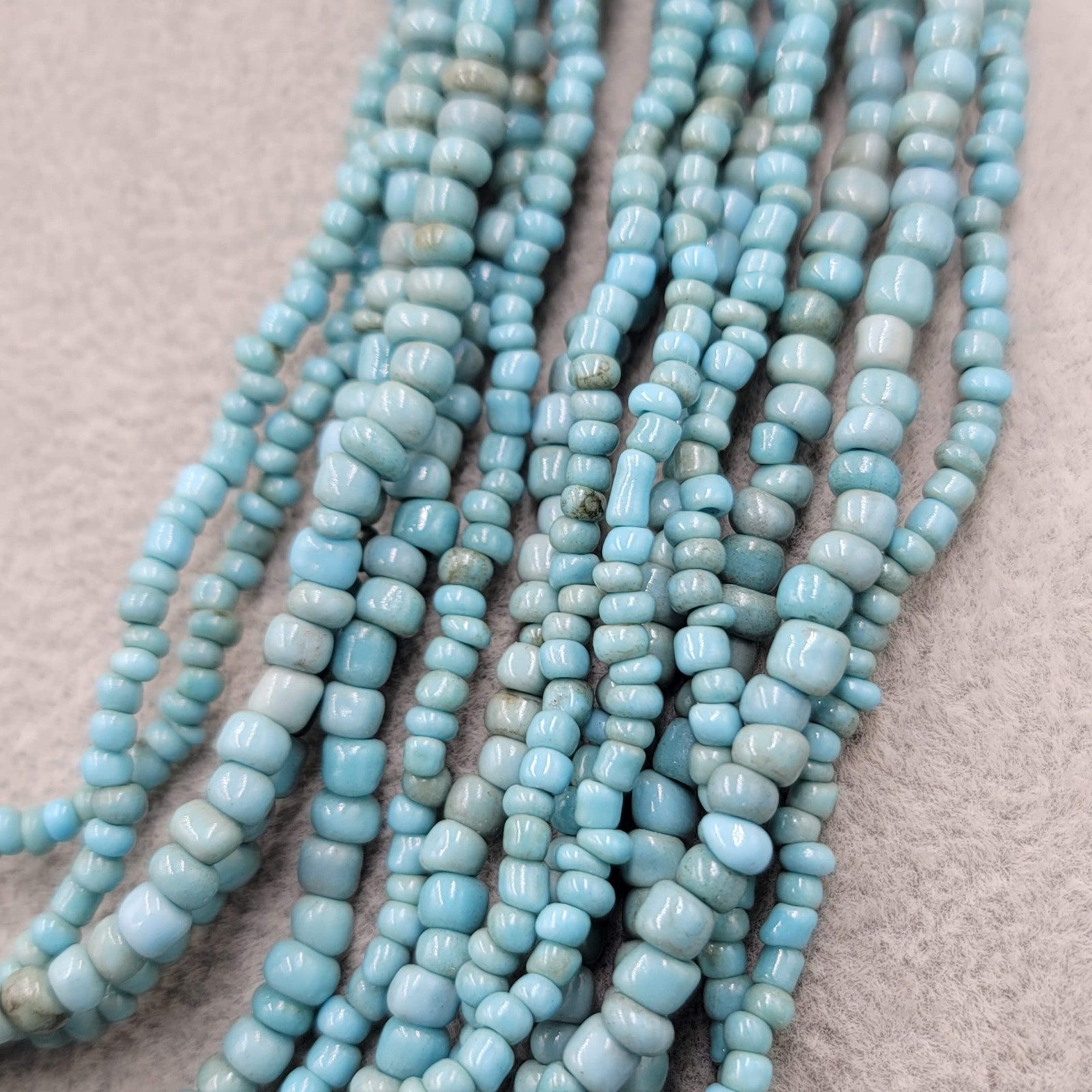 Artisan Necklace 14 Strand Blue Seed Bead Wood Clasp Statement 18"