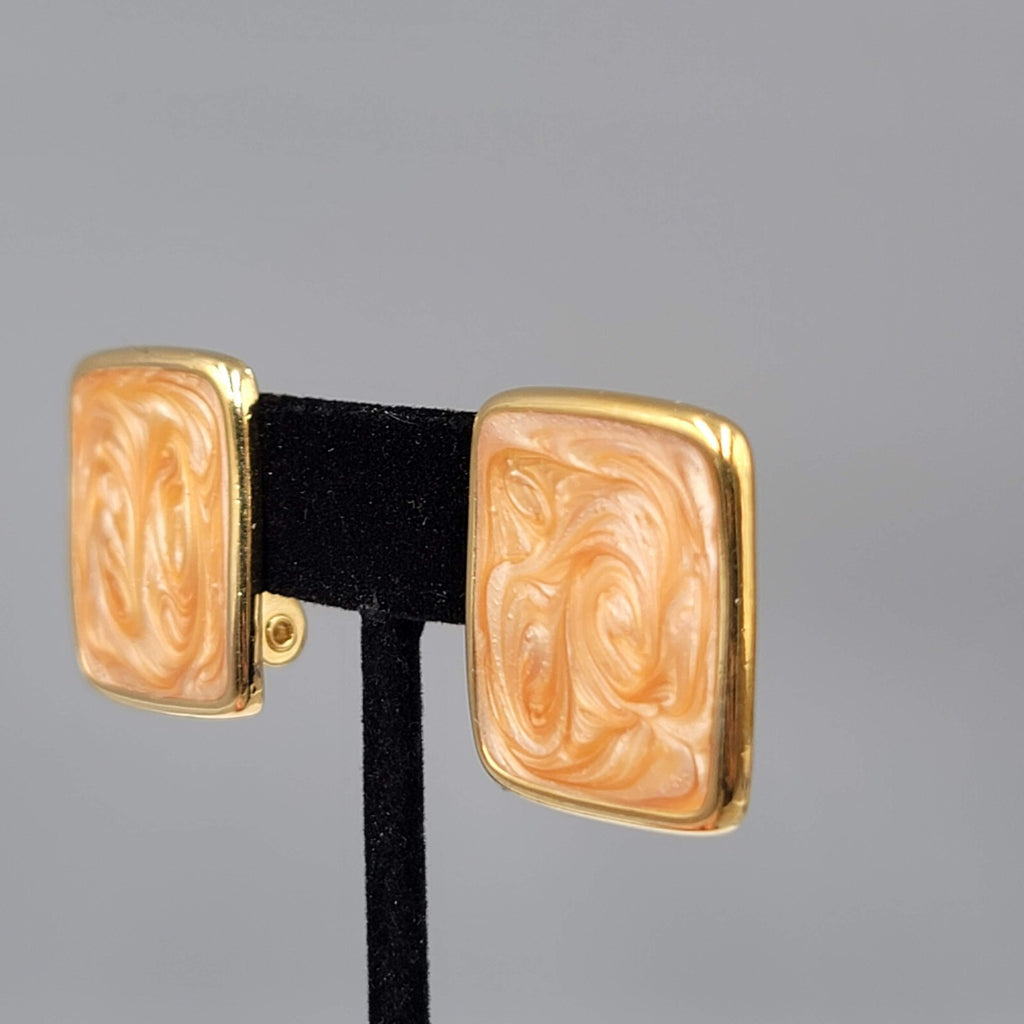 Vintage Monet Clip on Earrings Gold plated Rectangle Peach Swirl Enamel Drop 1"