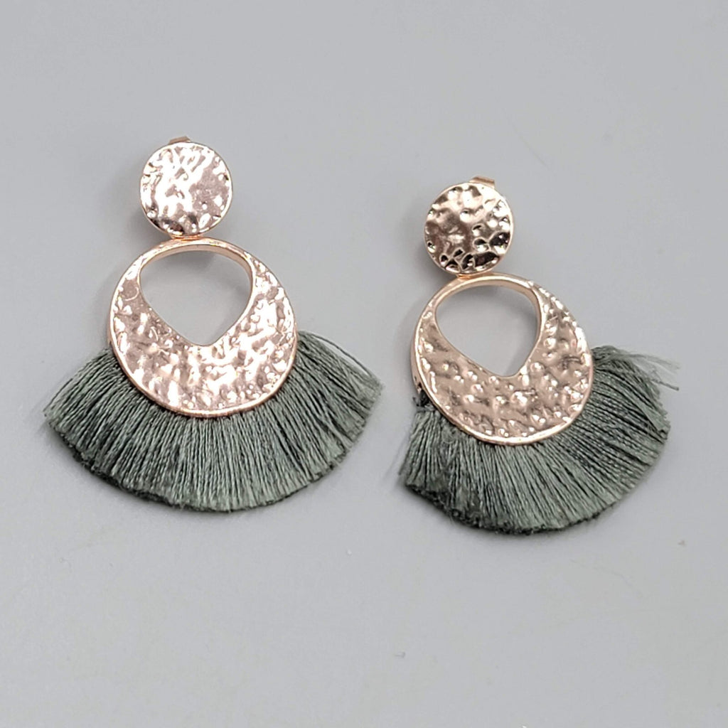 Green Tassel Pierced Earrings Rose Gold tone Dangle 1.75"