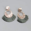 Green Tassel Pierced Earrings Rose Gold tone Dangle 1.75"