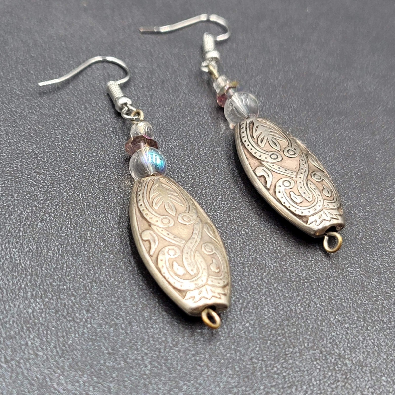 Pierced Earrings Silver tone Clear Purple Beaded Dangle 1.75"