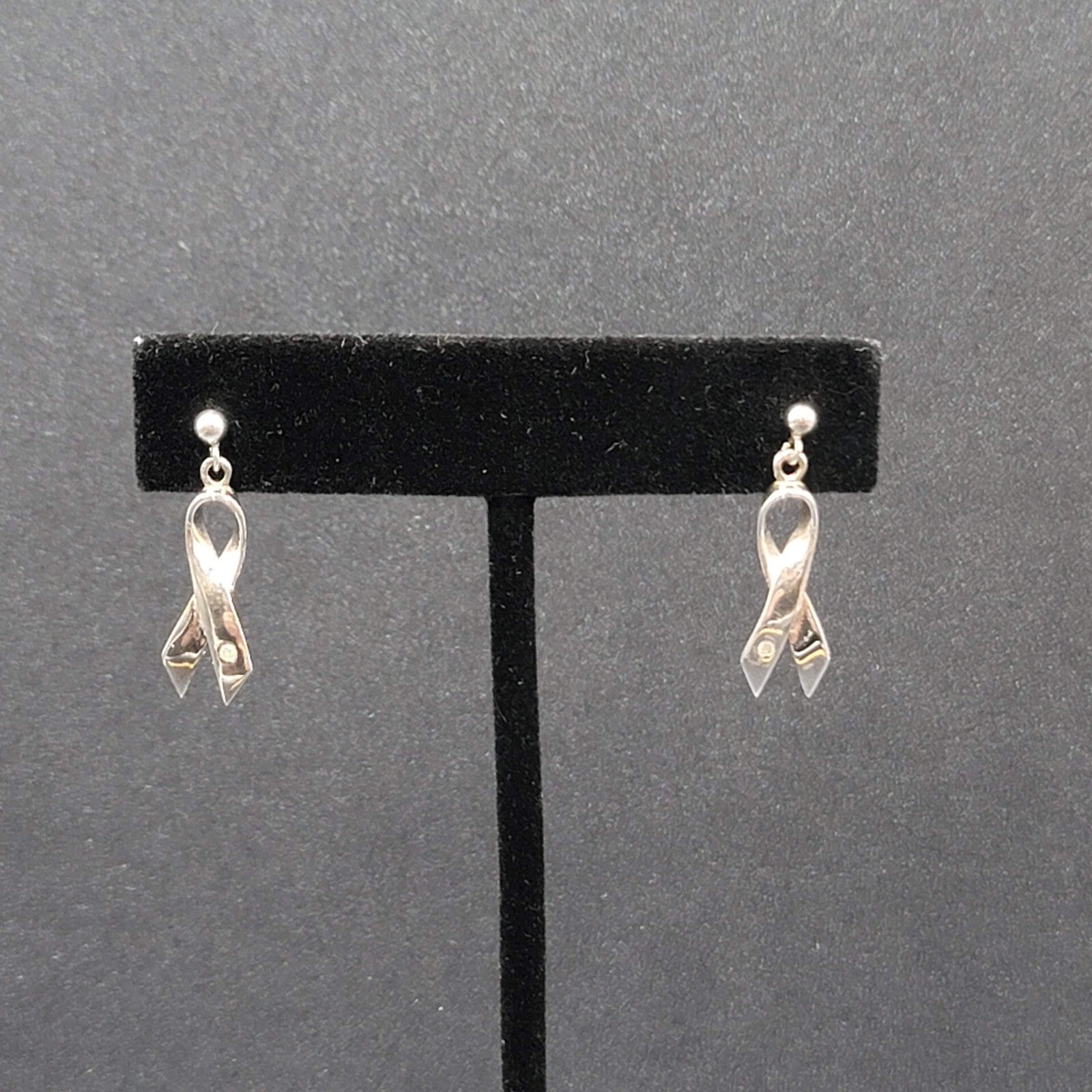 Sterling Silver Pierced Earrings 925 Charity Awareness Ribbon Dangle 3/4"