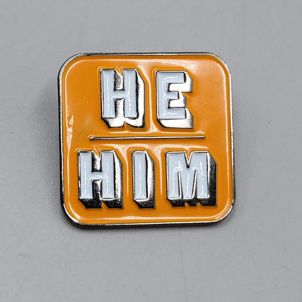 He Him Enamel Lapel Hat Pin Orange White Square Pronouns  1"