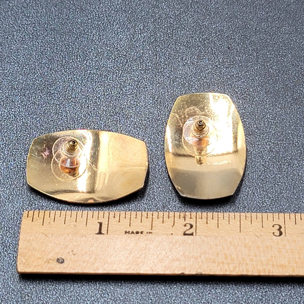 Vintage Pierced Earrings Peach Tan Gray Enamel Rectangle Drop 1 3/8"