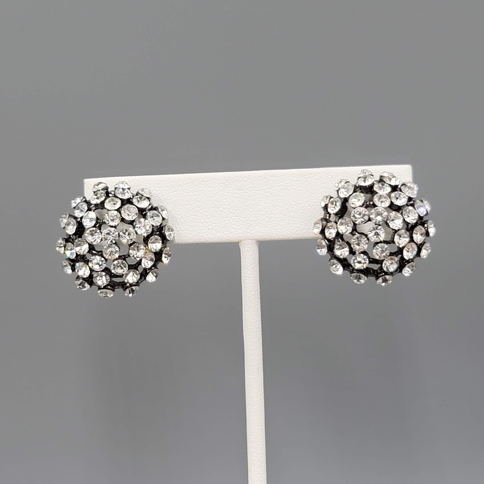 Crystal Dome Pierced Earrings Black Metal Drop 7/8 in