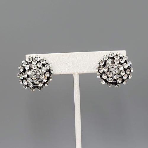 Crystal Dome Pierced Earrings Black Metal Drop 7/8 in