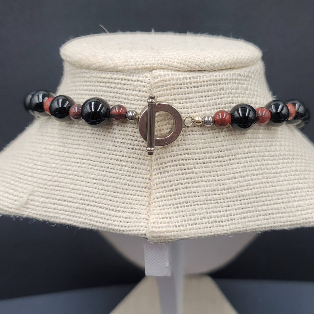 Brown Stone Pendant Necklace Black Glass Beads Toggle 18" Hand Carved Beads