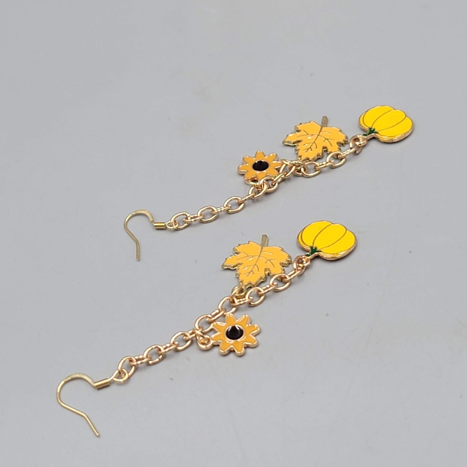 Autumn Fall Theme Pierced Earrings Flower Pumpkin Leaf Gold tone Dangle 2.75 in